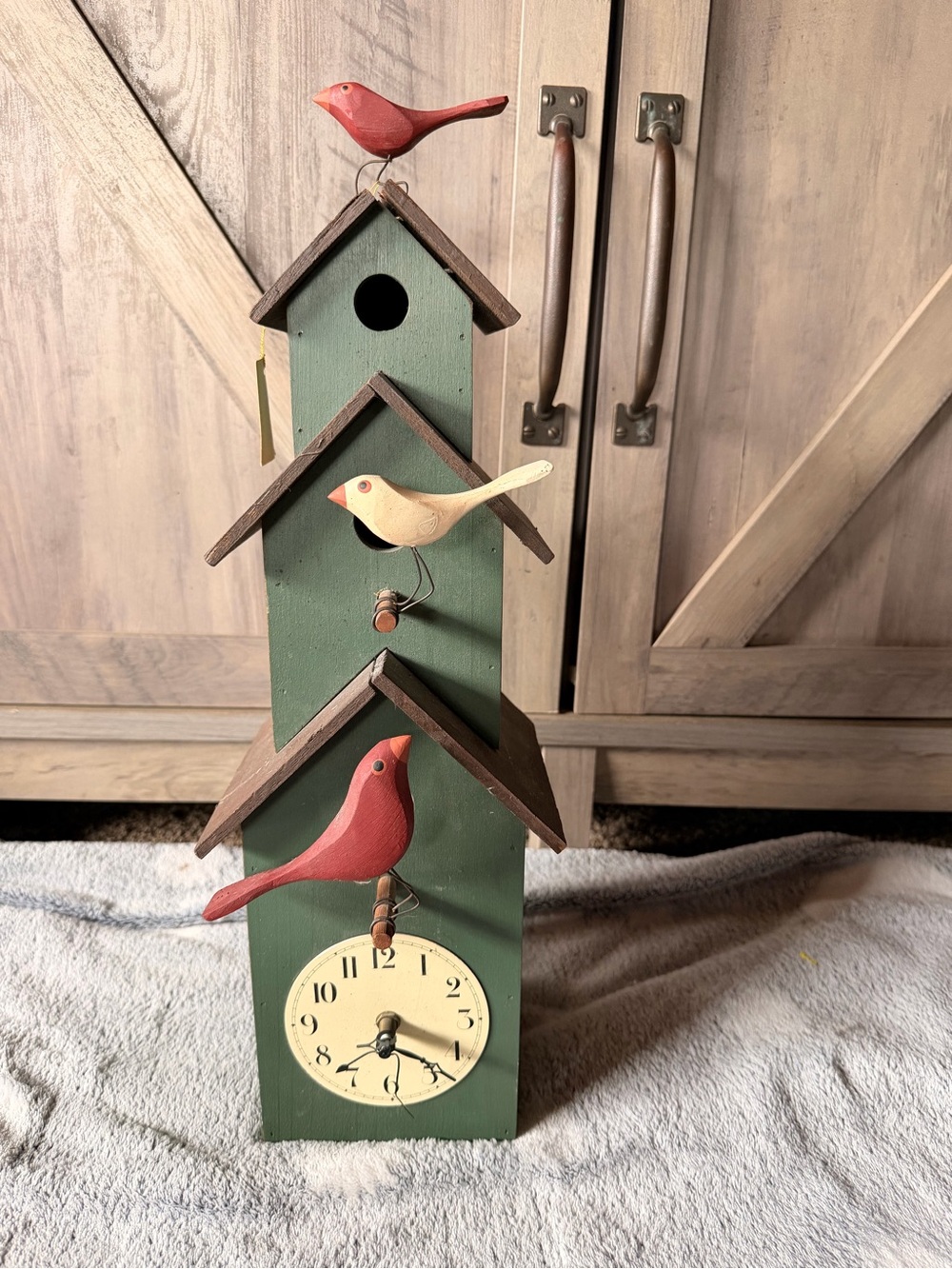 Decorative Green Birdhouse Wall Clock with Red & Cream Birds